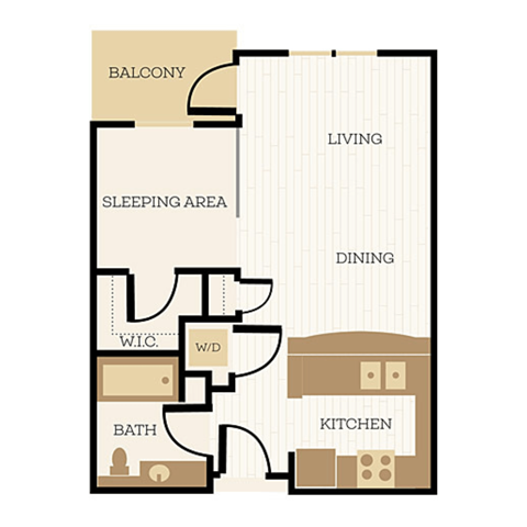 Floor plan for studio, 1 bath, 577 sqft